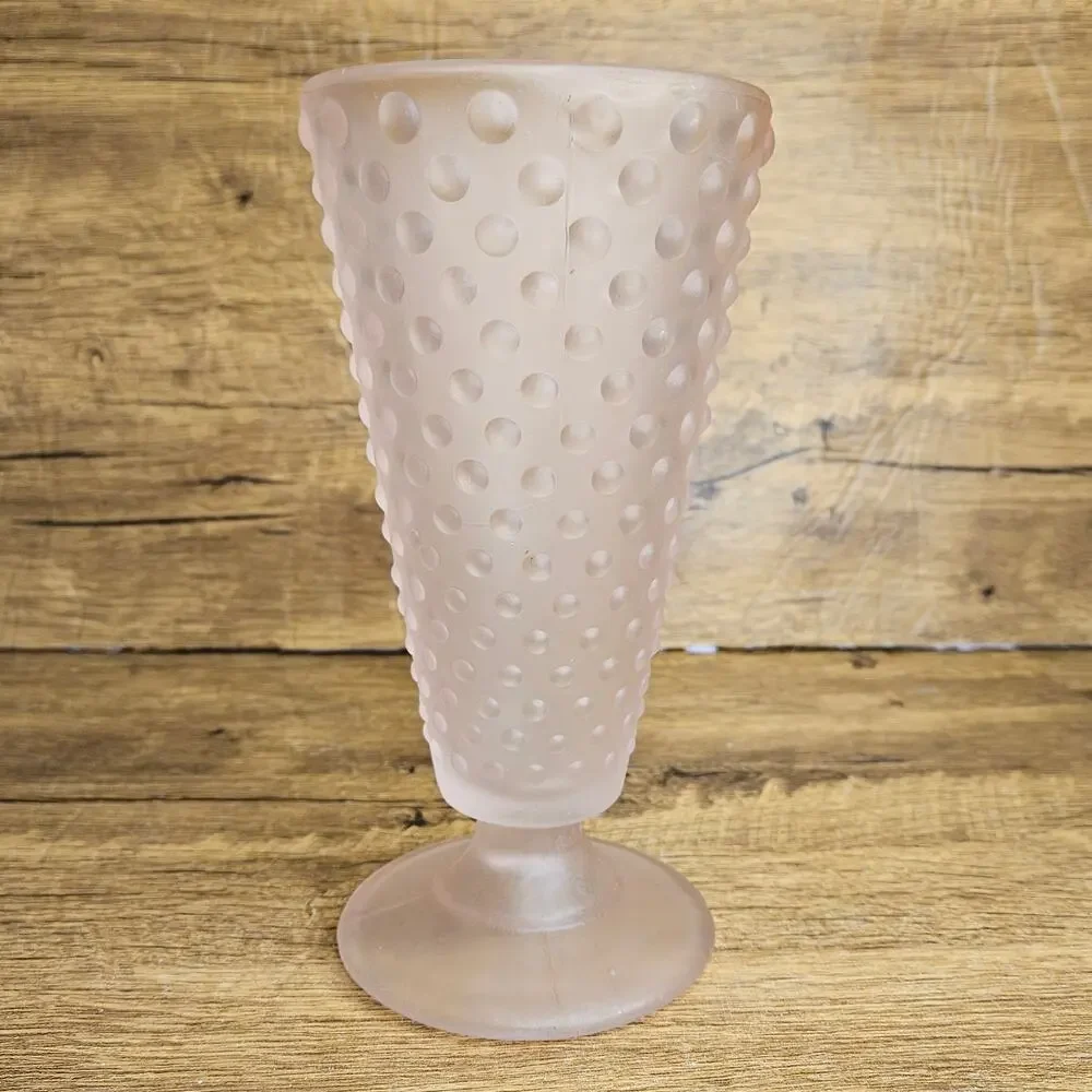 VTG Pink Frosted Hobnail Glass Flower vase 8in